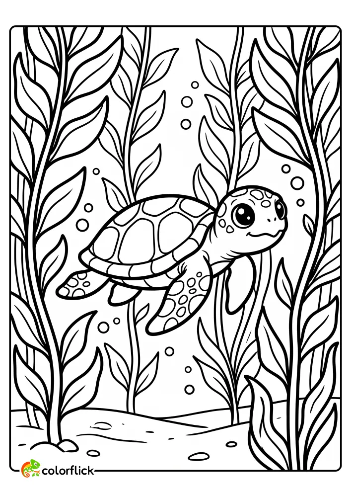 A printable coloring page for kids showing a cute sea turtle swimming through a forest of tall kelp plants with bubbles.