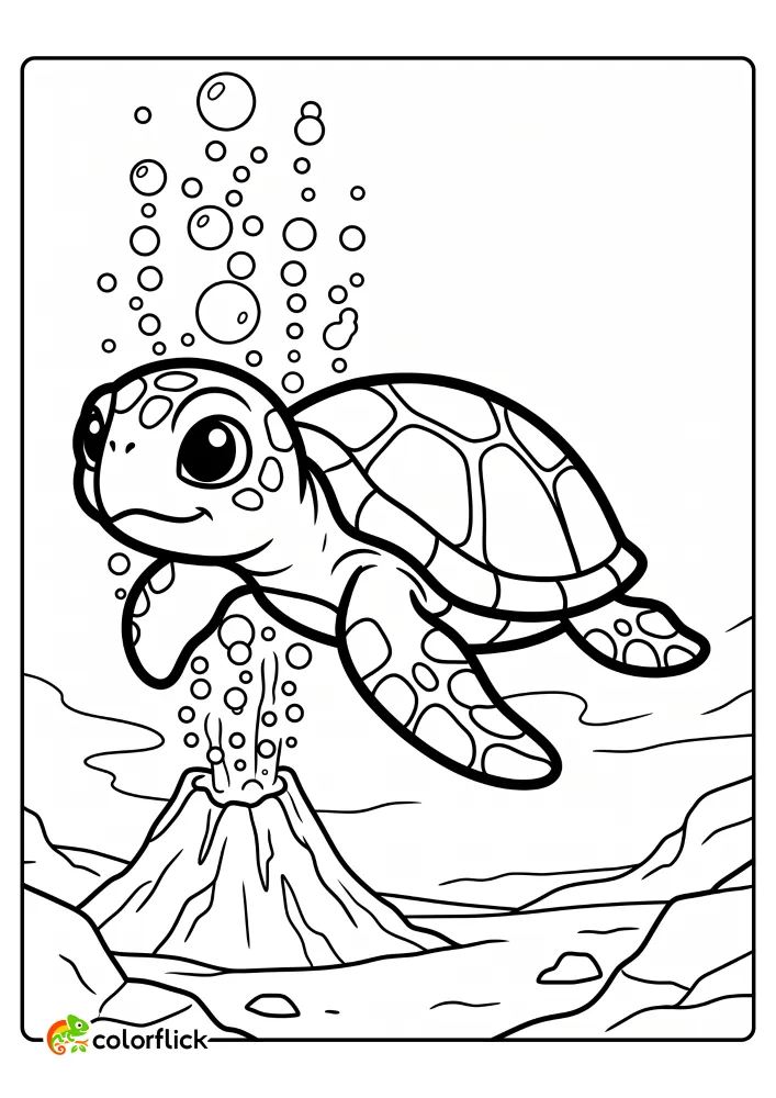A cute sea turtle swimming near an underwater volcanic vent with large columns of rising bubbles, a printable coloring page for kids.