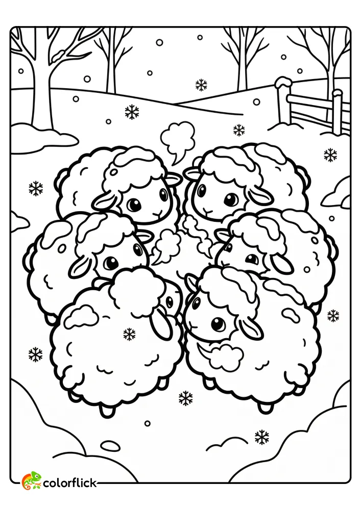A printable coloring page for kids depicting a group of sheep huddled together in a winter pasture with falling snow and steaming breath.
