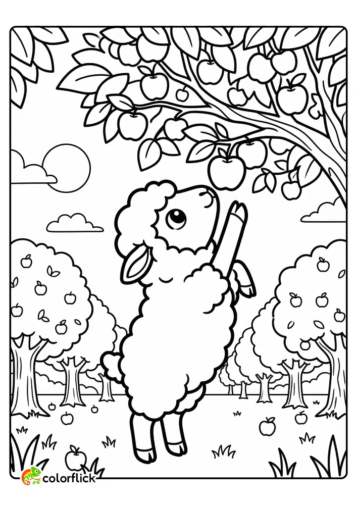 Cute sheep standing on hind legs picking apples in an orchard, printable coloring page for kids.
