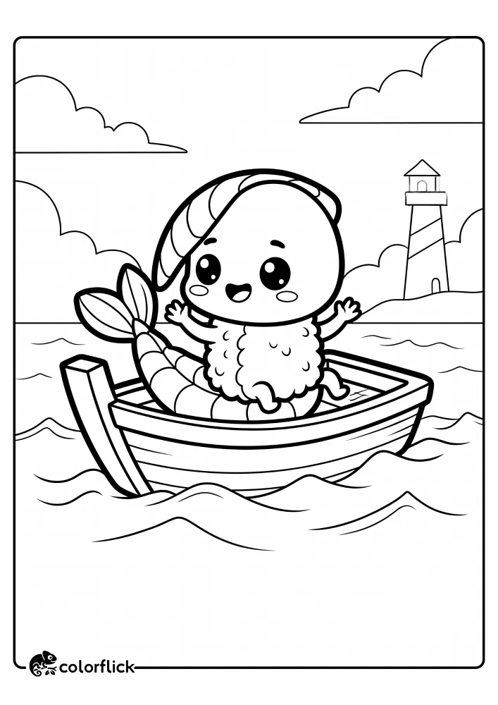 A playful shrimp sushi character waving its hands while riding a small wooden boat on the water, a fun printable coloring page for kids.