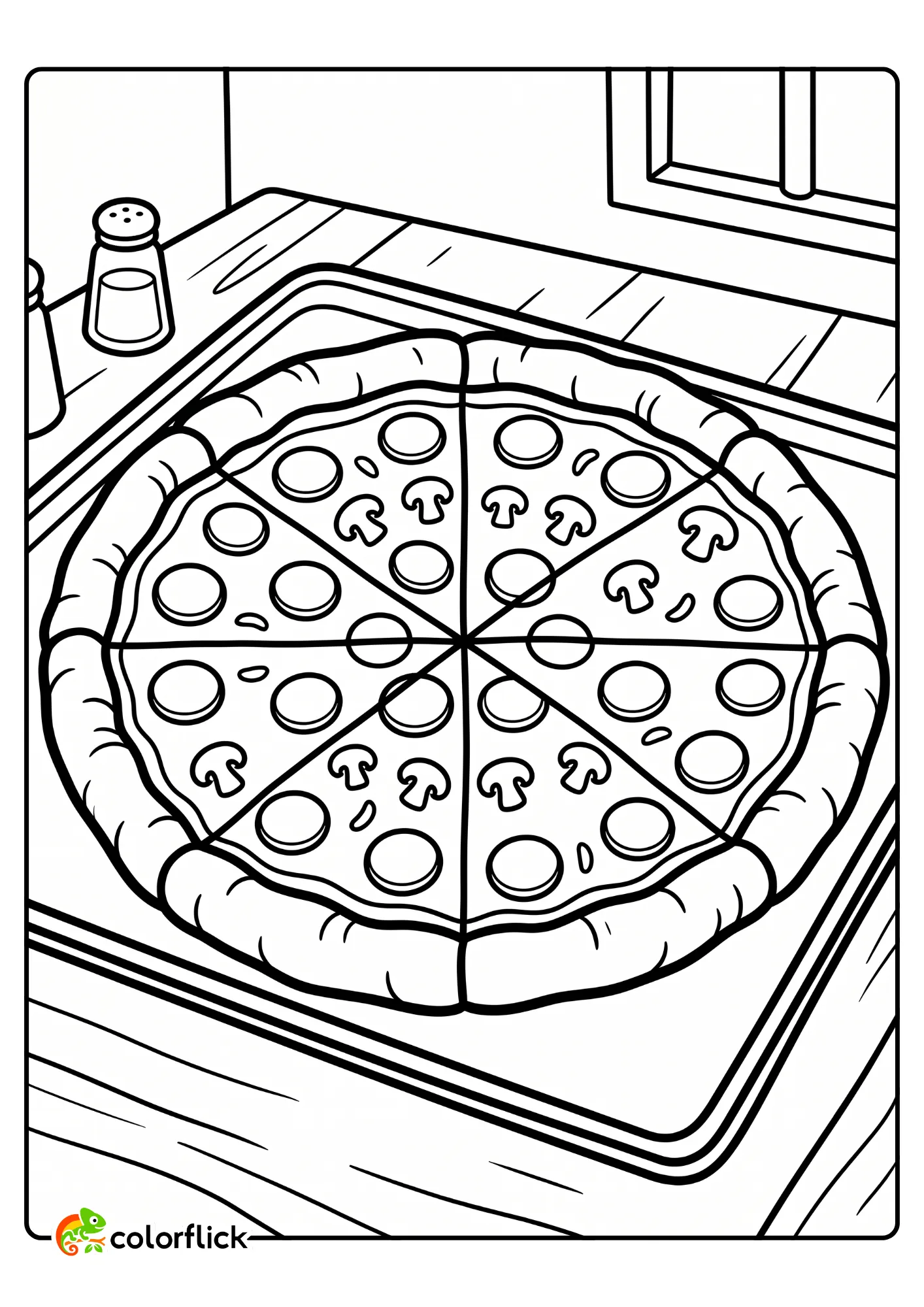 A cute sliced pizza with pepperoni and mushroom toppings on a baking tray, printable coloring page for kids.