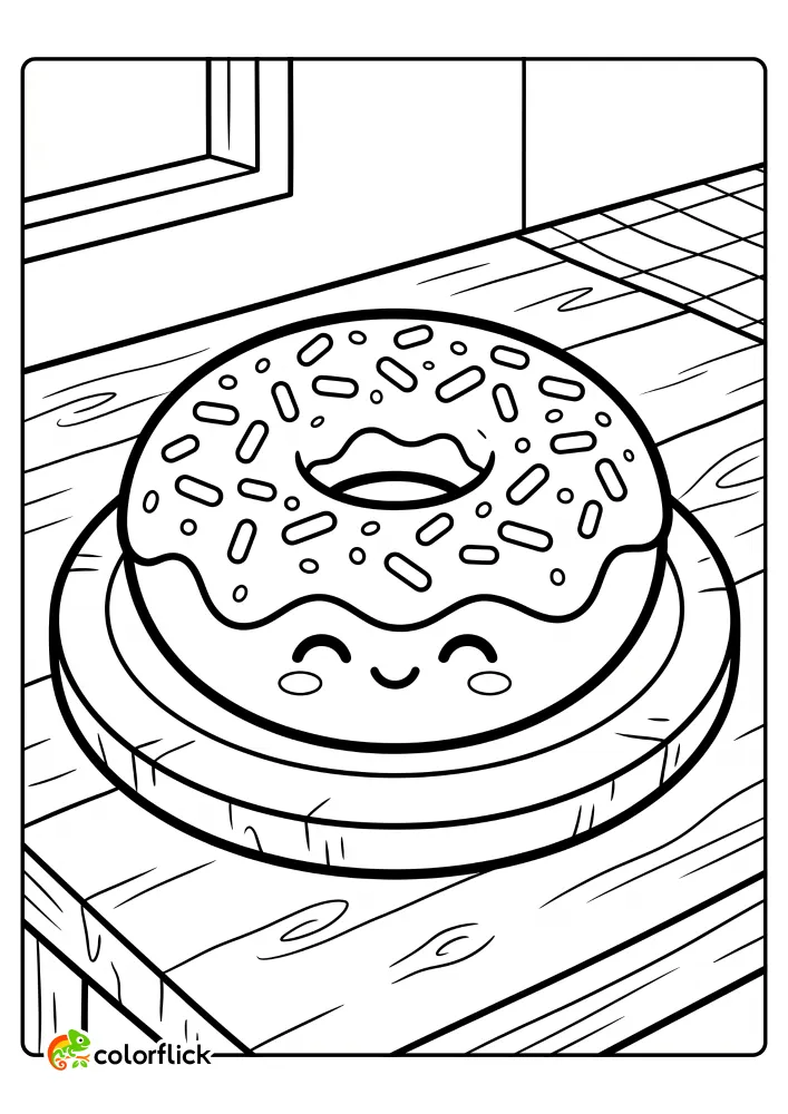 Cute smiling donut with sprinkles on a wooden plate printable coloring page for kids.