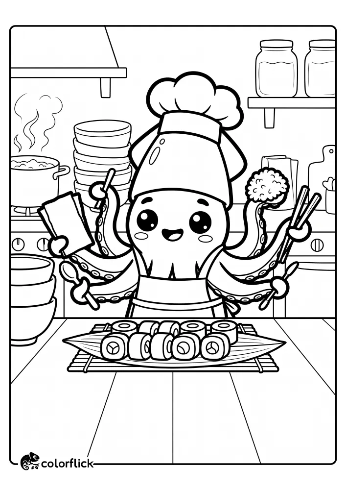 A printable coloring page for kids featuring a cute squid chef with multiple tentacles, preparing sushi. The squid wears a toque and apron while holding rice, nori seaweed, and chopsticks, with finished sushi rolls on a bamboo leaf mat in front of a busy kitchen counter. This is a perfect free printable coloring sheet for young artists.