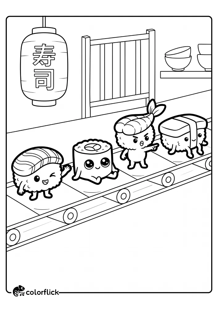 A row of happy sushi characters in different poses on a restaurant conveyor belt, a fun free printable coloring sheet for kids.