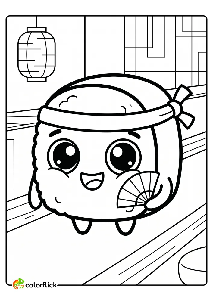 A cute cartoon sushi roll character holding a small paper fan and wearing a headband, set in a traditional Japanese room, as a free printable coloring sheet.