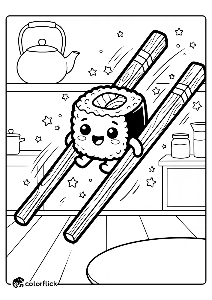 A happy sushi roll character sliding down giant wooden chopsticks surrounded by tiny stars, a fun free printable coloring sheet for kids to enjoy.