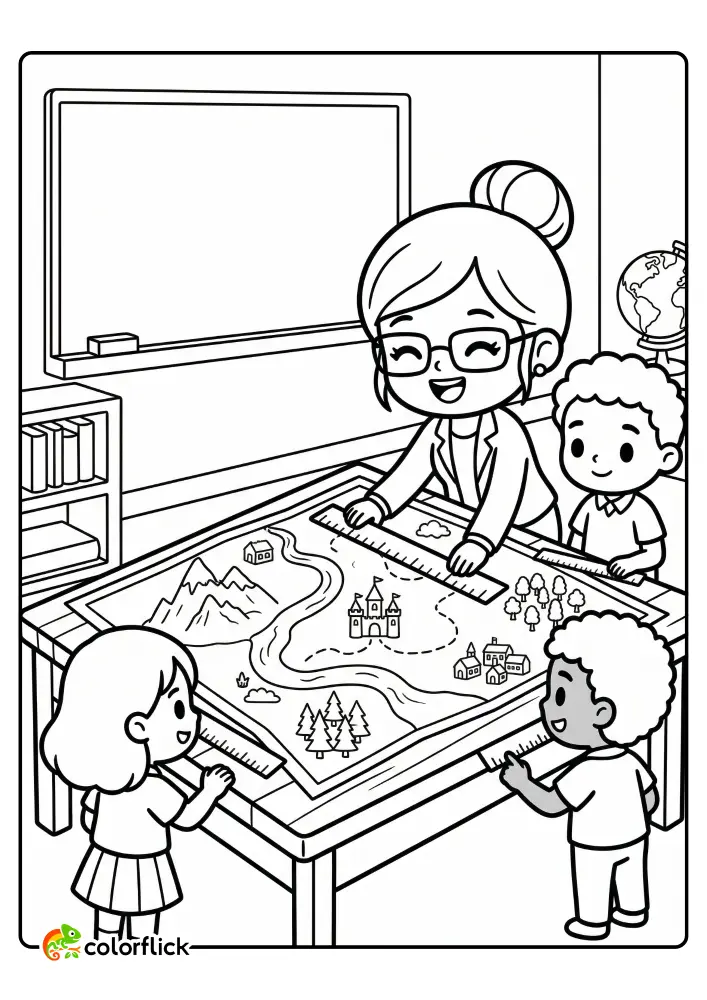 Cute printable coloring page for kids showing a smiling teacher with a bun and glasses teaching students map skills using a large illustrated map and rulers in a classroom.