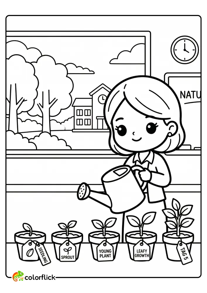 Cute teacher watering labeled potted plants on a classroom windowsill for a nature lesson, free printable coloring page for kids.