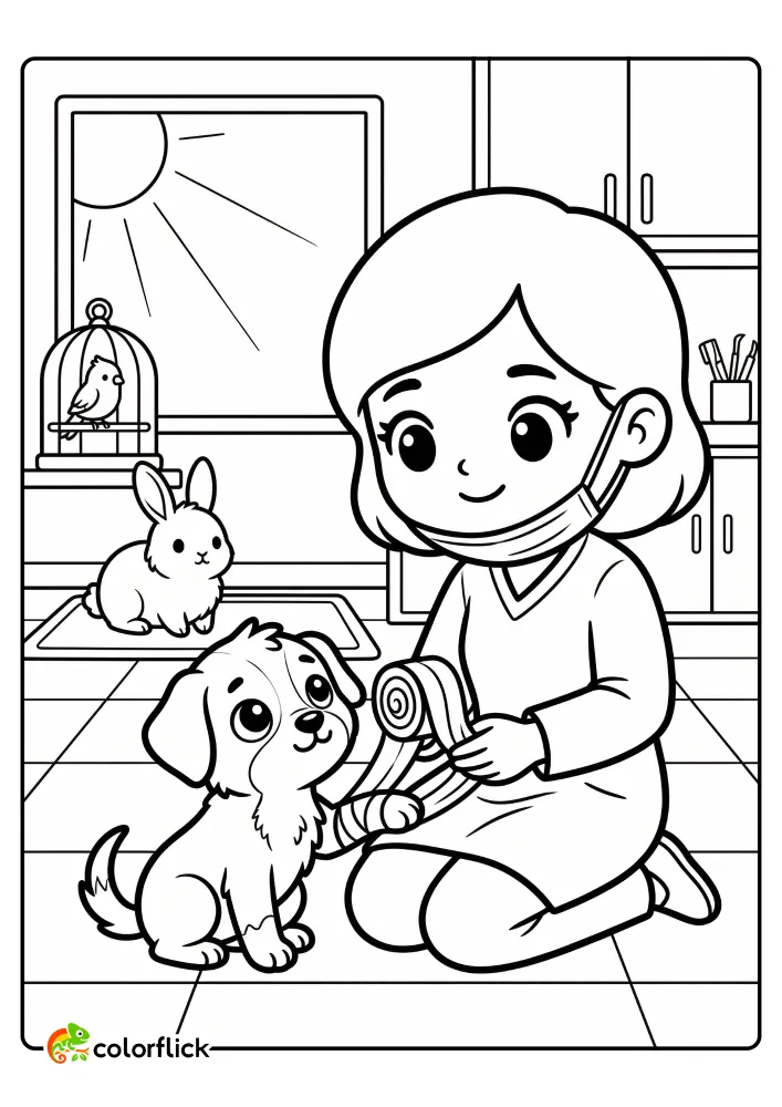 A cute female veterinarian doctor kneels on a clinic floor, carefully wrapping a soft bandage on a small puppy's tiny paw while a rabbit and bird wait near a window, a printable coloring page for kids.