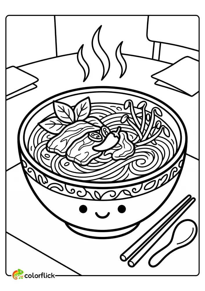 A cute printable coloring page for kids featuring a large bowl of steaming Vietnamese Pho noodle soup, filled with noodles, beef slices, basil leaves, bean sprouts, and a red chili, in a simple kitchen or diner setting.