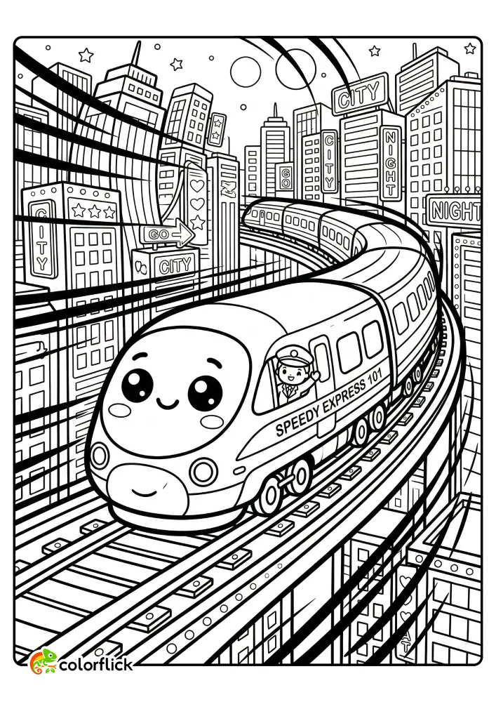 A free printable coloring sheet for kids featuring a cute smiling high-speed train named Speedy Express 101, with a cheerful conductor waving from the window as it travels through a futuristic city at night.