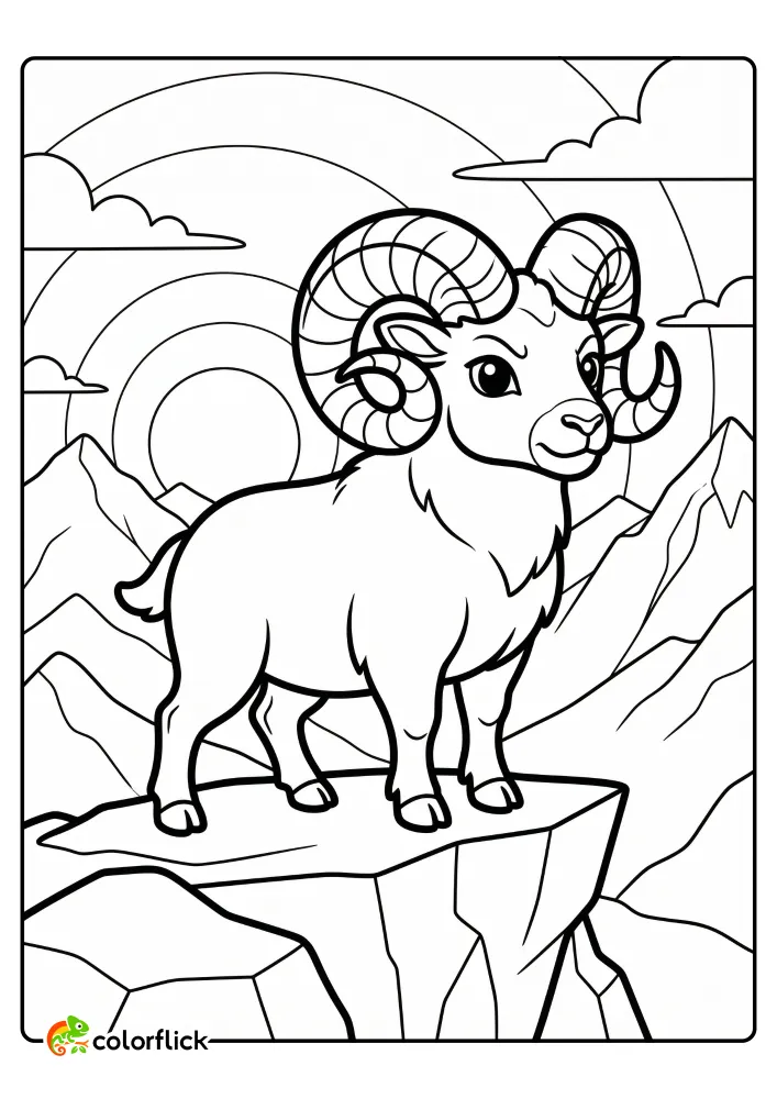 A brave bighorn sheep ram with large curved horns standing proudly on a rocky mountain ledge, a free printable coloring page for kids.