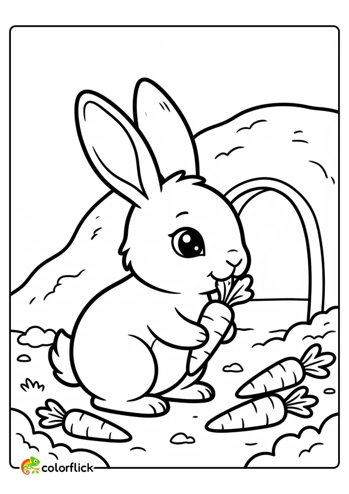 A cute rabbit sitting and nibbling on a fresh carrot outside its cozy burrow entrance, surrounded by more carrots, perfect free printable coloring sheet for children.