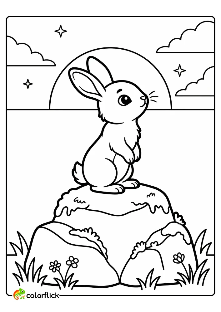 A free printable coloring sheet featuring a cute rabbit standing on its hind legs on a pile of rocks at sunset with stars in the sky.