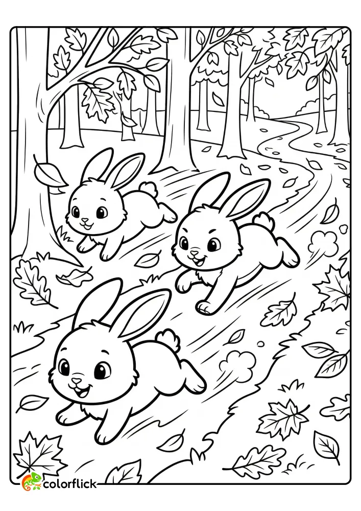 Three playful rabbits racing through an autumn forest covered in leaves, a free printable coloring sheet for children.