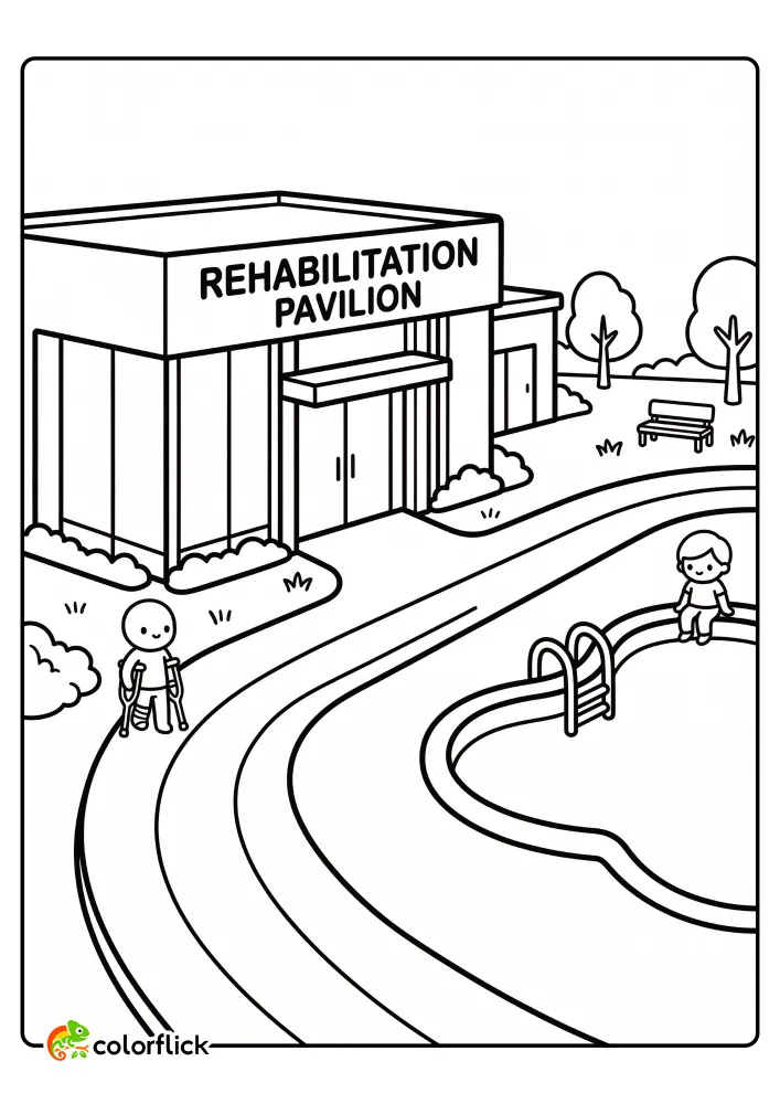 A cute free printable coloring sheet showing a modern rehabilitation pavilion hospital building with an outdoor track and a therapy pool for kids.