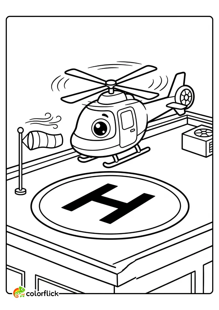 Printable coloring page for kids showing a friendly rescue helicopter landing on a hospital rooftop pad.