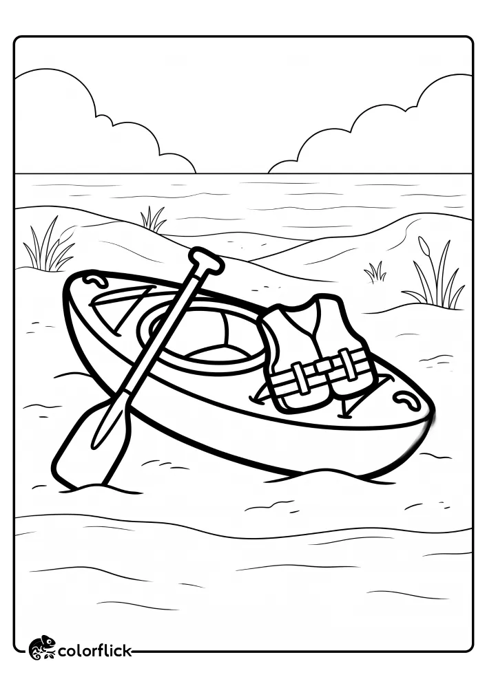 A simple line art free printable coloring sheet showing a rescue kayak resting on the beach sand with a paddle and a life jacket, featuring ocean waves in the background.