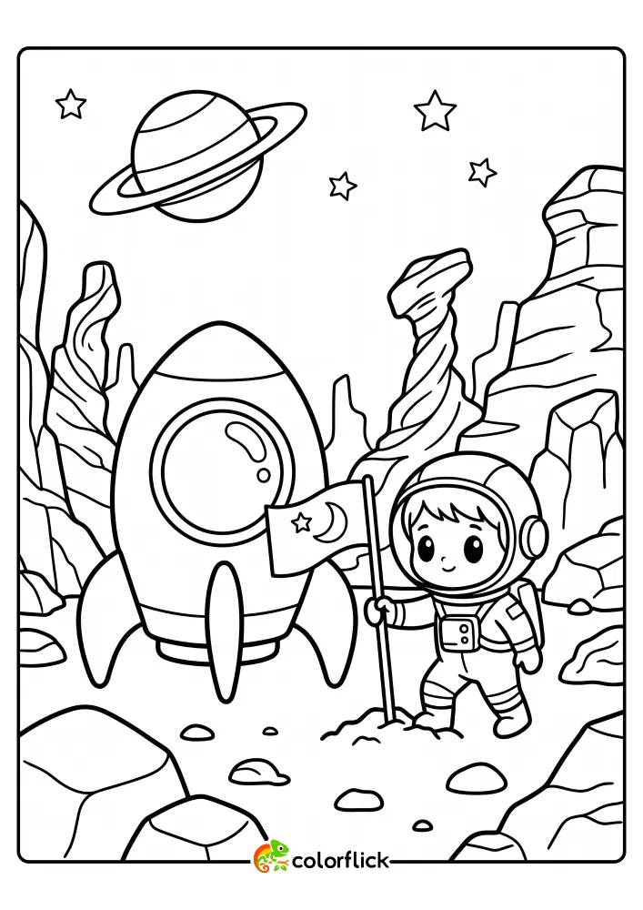 A clean black and white printable coloring page for kids showing a cute astronaut in a space suit placing a flag next to a parked rocket ship on a new alien planet surface with strange rock formations and planets in the sky.