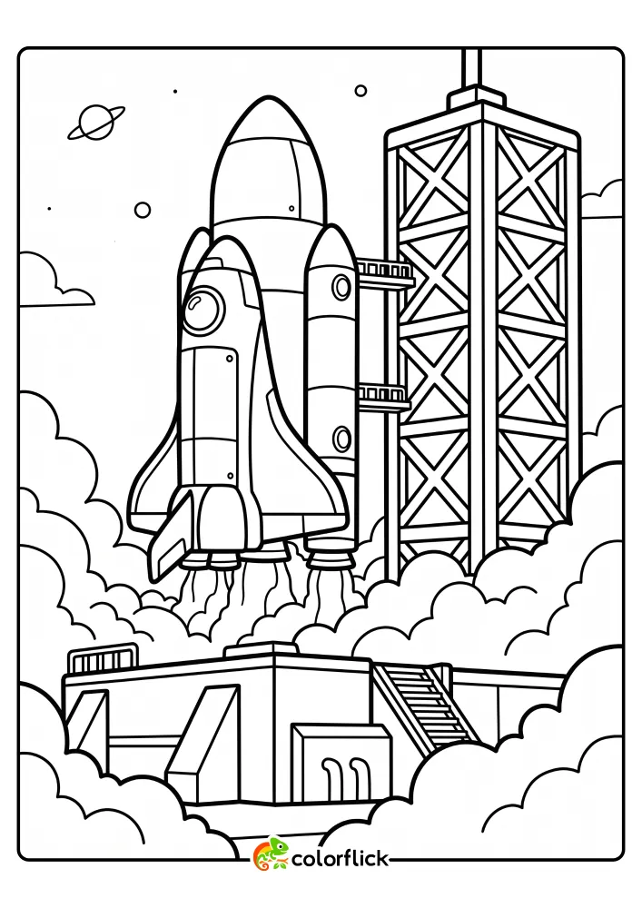 A free printable coloring sheet featuring a tall rocket ship blasting off from a metal launch pad surrounded by thick clouds of exhaust smoke and a large support tower.