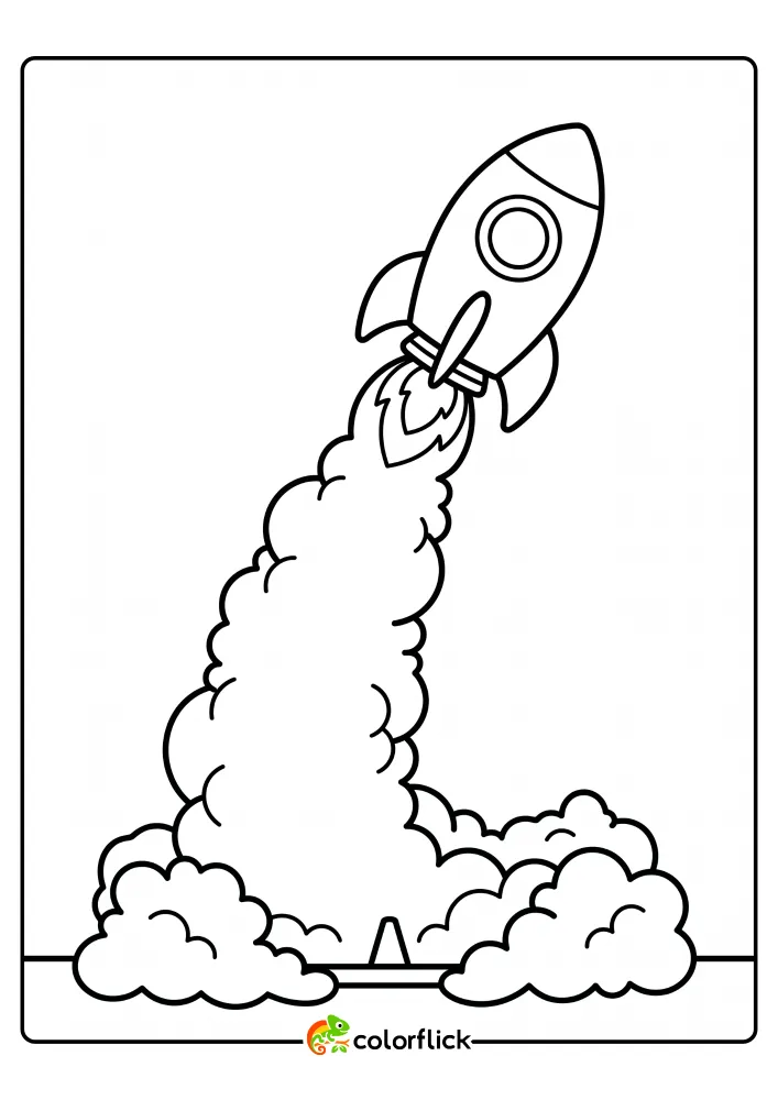 A fun and easy free printable coloring sheet featuring a rocket ship lifting off the ground and pointing toward the sky, leaving a thick, wide trail of exhaust and fluffy clouds at the bottom.