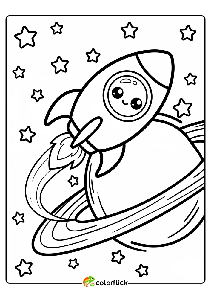 A free printable coloring sheet featuring a rocket ship soaring through outer space, passing a massive planet with wide rings and surrounded by many five-pointed stars.