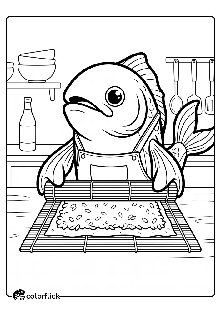 A cute printable coloring page for kids featuring a salmon chef wearing an apron and using its fins to roll sushi on a bamboo mat in a kitchen setting. This free printable coloring sheet includes shelves with bowls and cooking utensils in the background.
