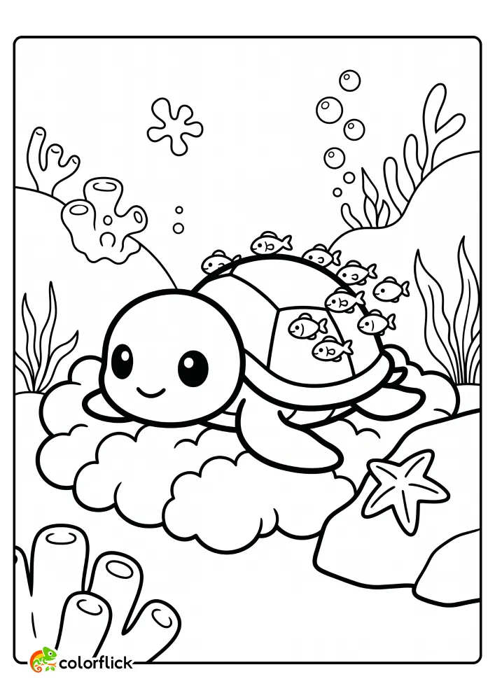 A cute sea turtle resting on a bed of sponges, surrounded by tiny fish and a starfish on a rock, featured in this printable coloring page for kids.