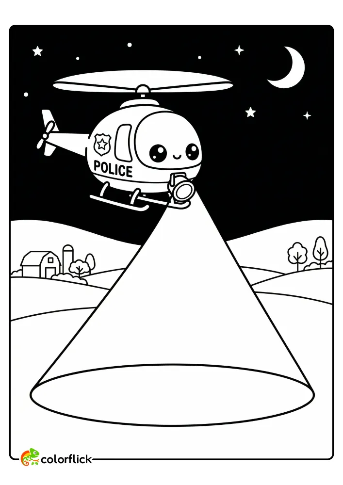 A cute police helicopter flying at night with a large spotlight searching the ground, printable coloring page for kids.