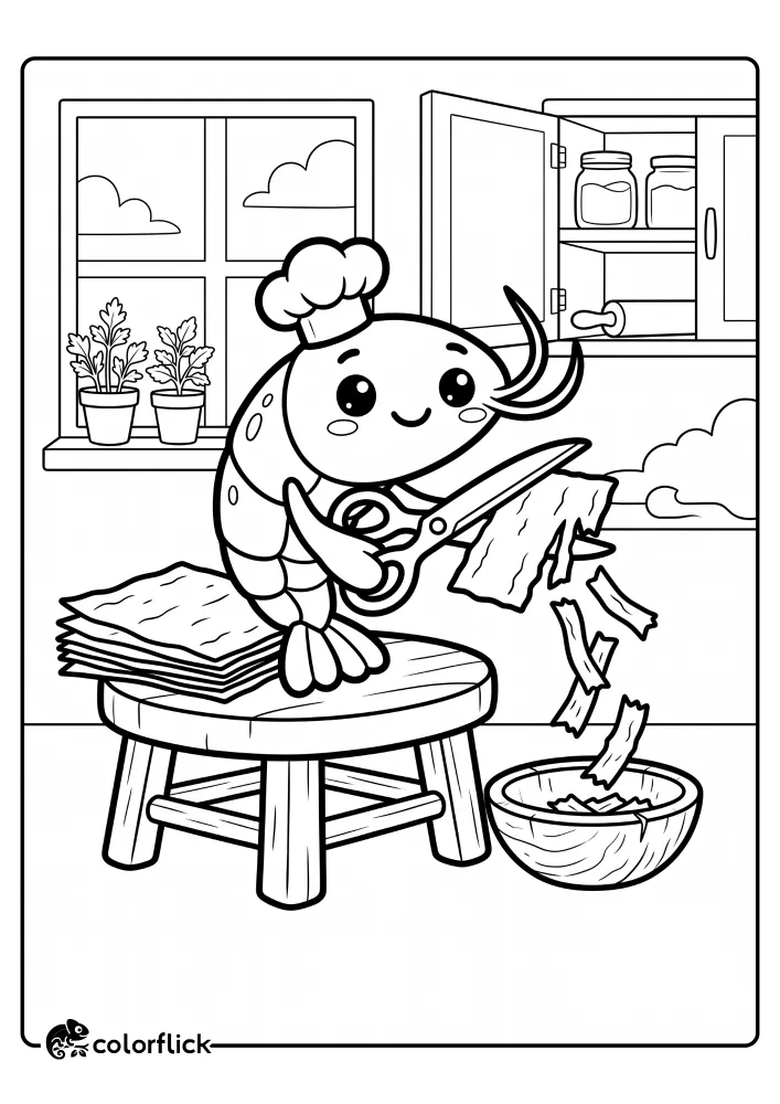 A cute shrimp chef character stands on a wooden stool, using scissors to cut nori seaweed into a bowl, in a detailed kitchen setting with a window and cabinets. This is a printable coloring page for kids to enjoy.
