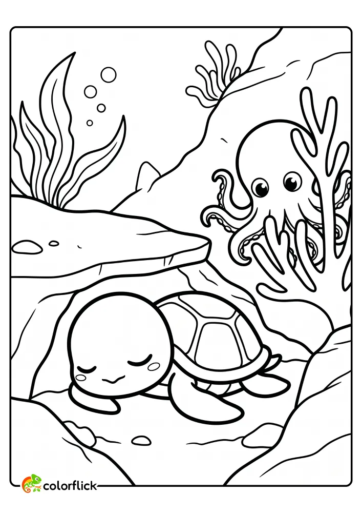 A cute, sleeping sea turtle is tucked under a rock ledge for a nap, and a curious octopus watches from behind coral in this printable coloring page for kids.