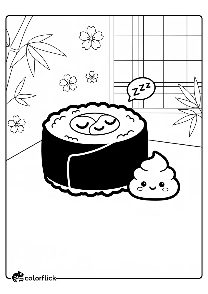A sleepy sushi character wrapped in seaweed resting next to a cute, smiling dollop of wasabi in a free printable coloring sheet.