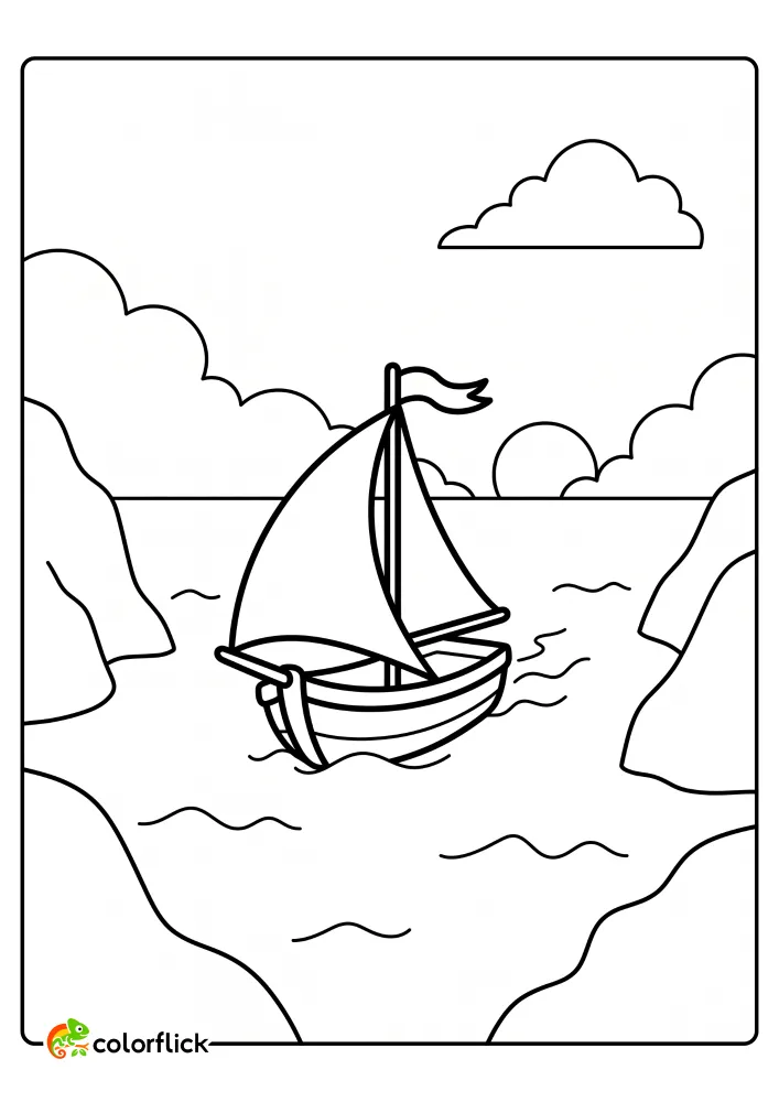 Small sailboat with full sails gliding through a calm ocean cove between rocky cliffs, free printable coloring sheet for kids.