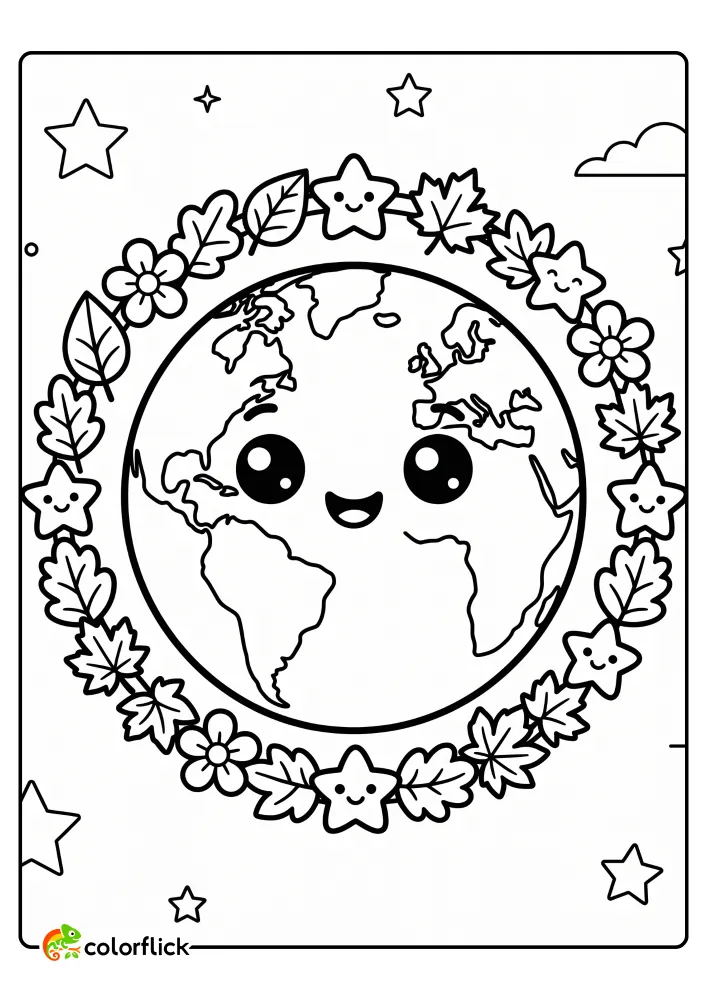 A cheerful, smiling cartoon planet Earth is encircled by a decorative wreath of flowers, leaves, and stars in this printable coloring page for kids.