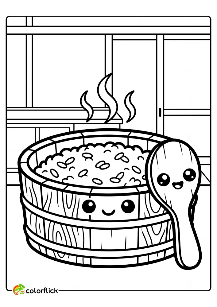 A cute, smiling traditional Japanese Hangiri wooden tub filled with steaming sushi rice, with a smiling Shamoji rice paddle leaning against it in a Japanese room. Printable coloring page for kids.