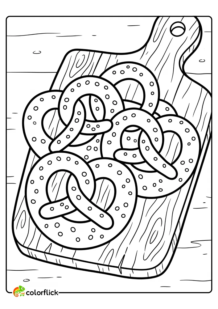 A detailed printable coloring page for kids showing a stack of delicious twisted pretzels with salt crystals on a wooden cutting board.