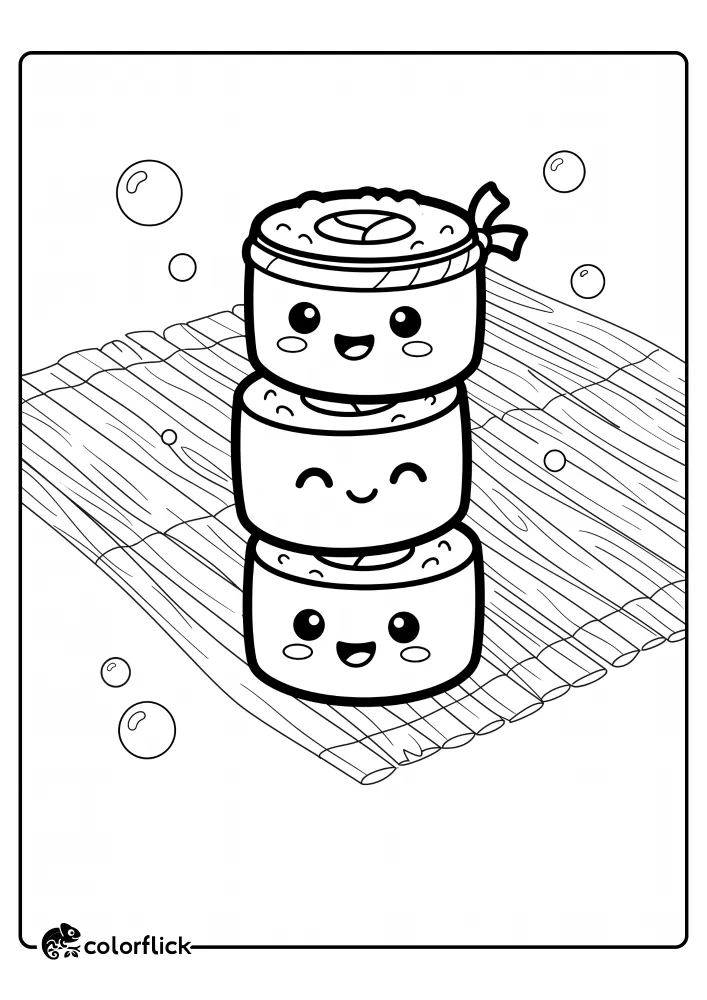 Three smiling, stacked maki sushi rolls with happy faces sitting on a bamboo rolling mat, with floating bubbles, a printable coloring page for kids.