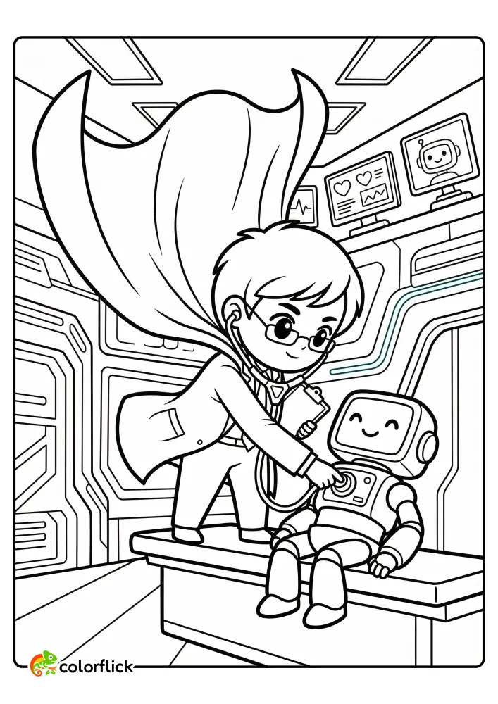 Cute hero doctor wearing a cape uses a futuristic stethoscope to check the friendly robot patient's heartbeat in a high-tech clinic printable coloring page for kids.
