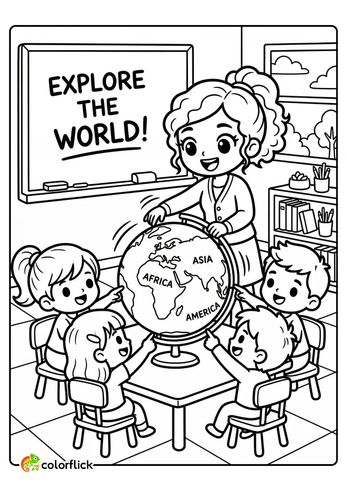 Teacher dramatically spinning a globe for children who are pointing at different continents in a classroom, free printable coloring page for kids.