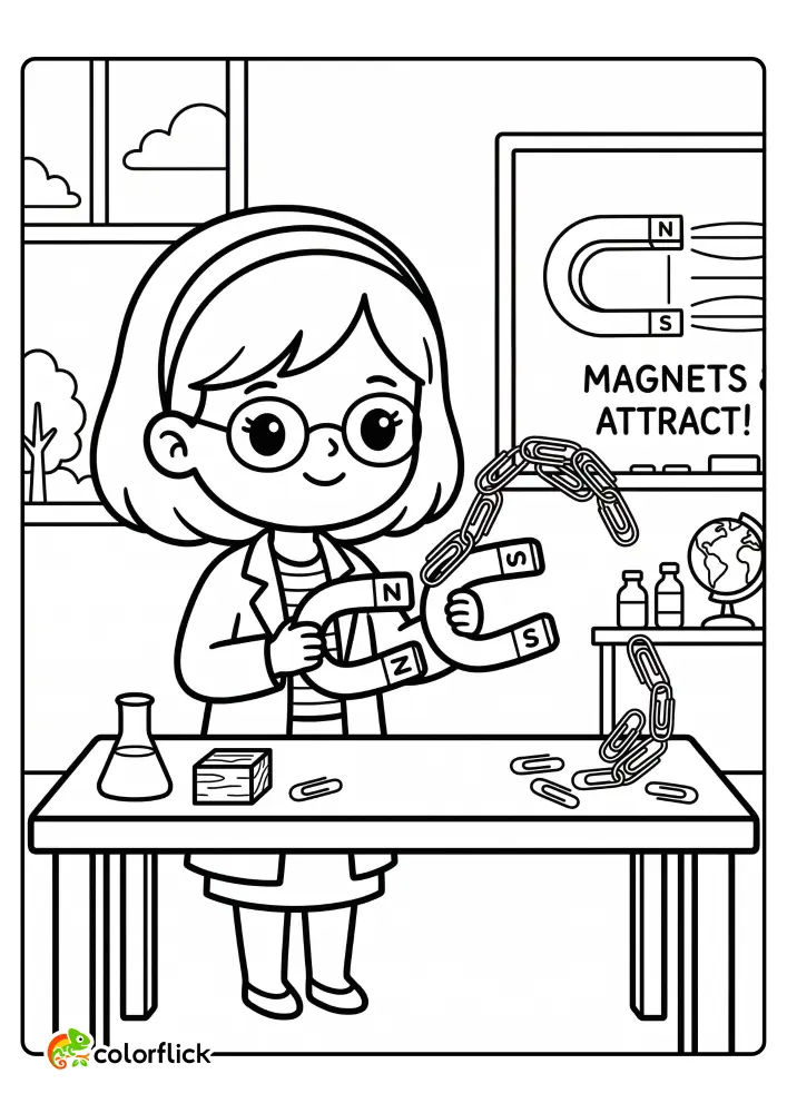 Smiling teacher holding horseshoe magnets and an arched chain of paperclips demonstrating magnetic attraction in a classroom laboratory printable coloring page for kids.