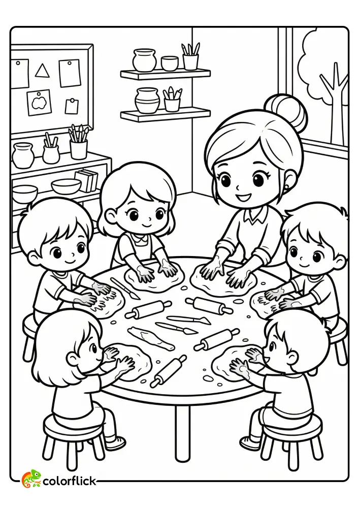 A teacher and a group of happy children sitting around a low table pressing their hands into soft clay with rolling pins nearby. This is a printable coloring page for kids.