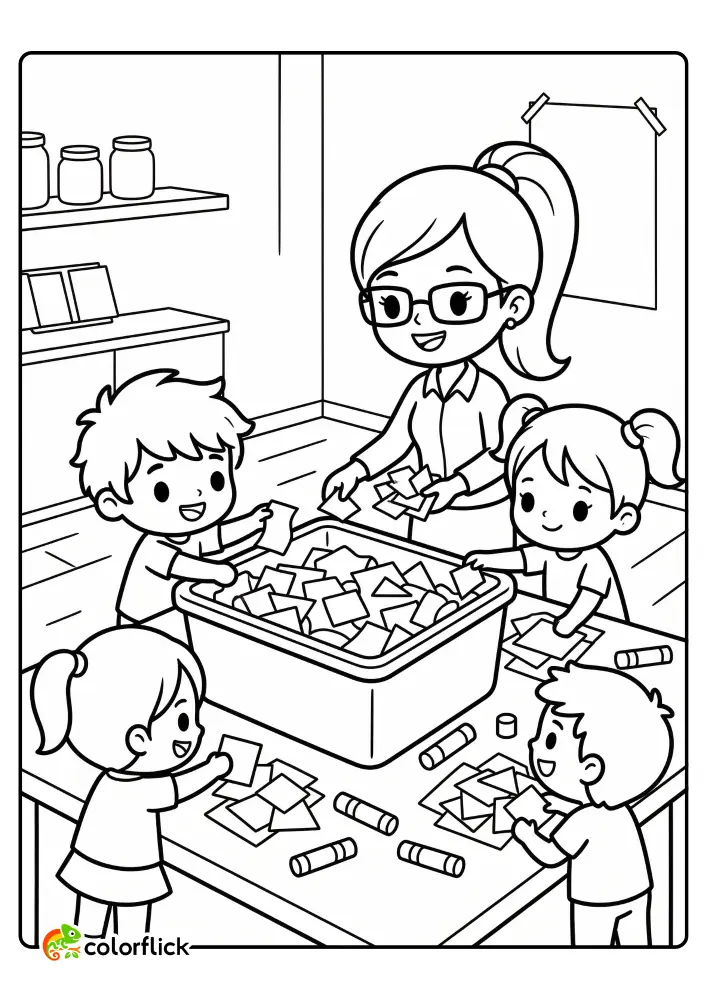 A teacher and children gathered around a large bin sorting paper and fabric scraps for a collage project with glue sticks on the table. This is a printable coloring page for kids.