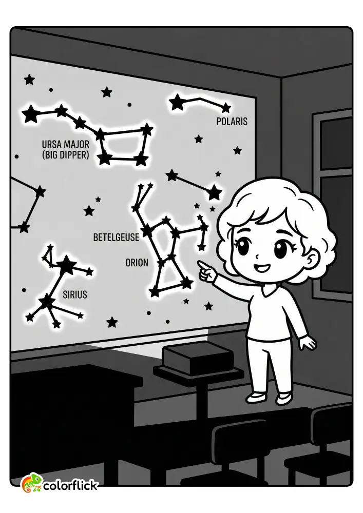 A friendly teacher pointing to an educational star chart with named constellations like Orion and the Big Dipper on a classroom wall, printable coloring page for kids.