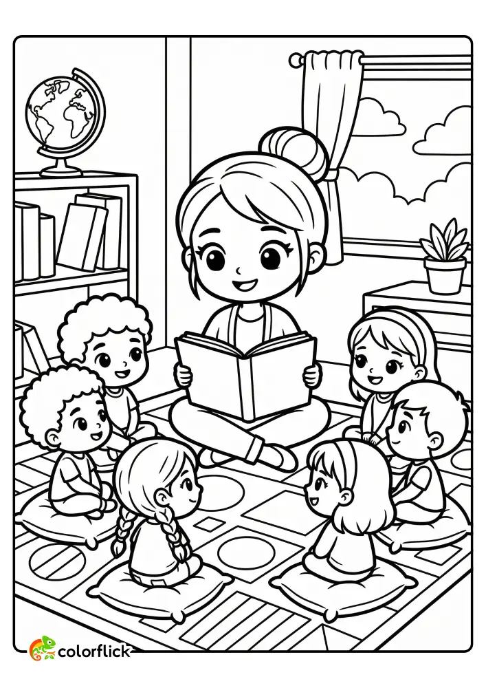 A detailed line art illustration showing a teacher reading a book to a group of diverse children on a rug, perfect for a printable coloring page for kids.