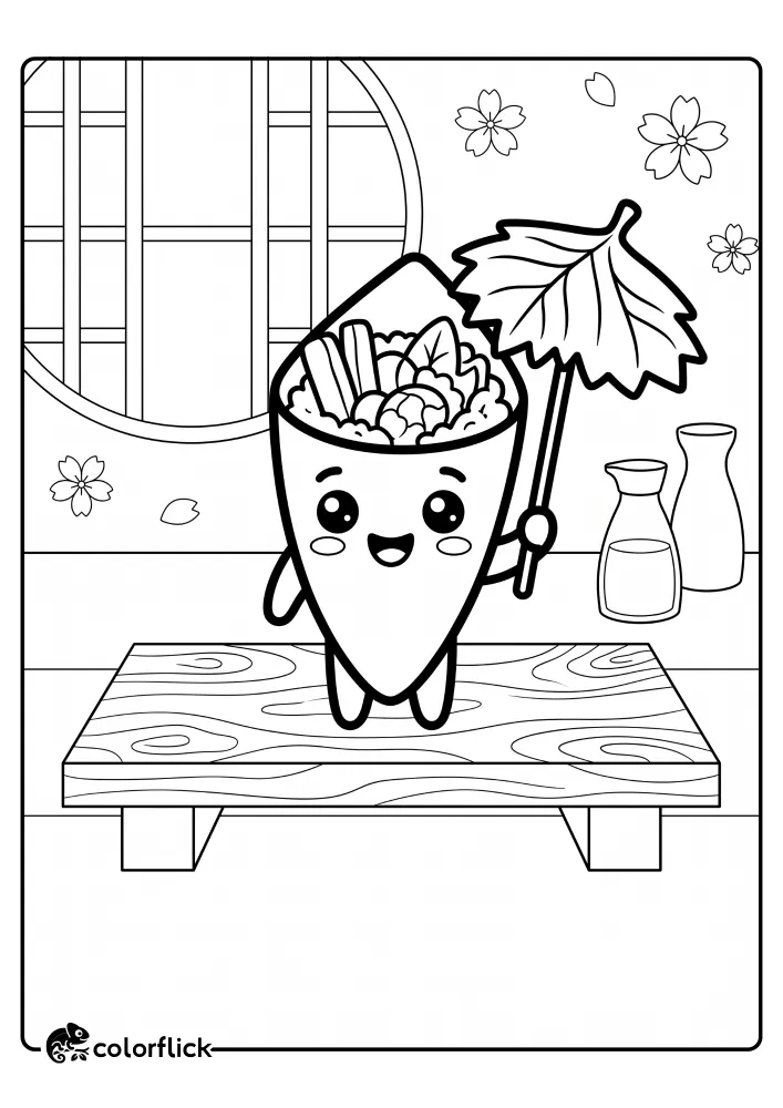 A cute temaki hand-roll sushi character with a smiling face holds a leaf-shaped umbrella and stands on a wooden serving plate in this printable coloring page for kids.