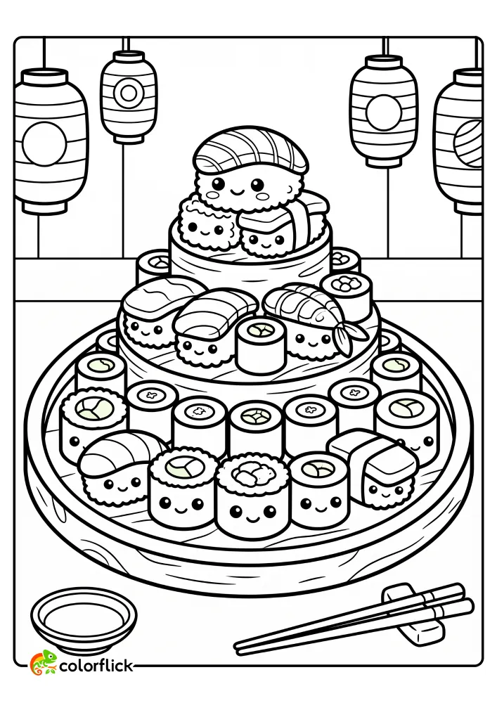 A delightful printable coloring page for kids featuring a large tiered sushi platter with cute smiling faces, surrounded by lanterns and chopsticks, perfect for a creative activity.