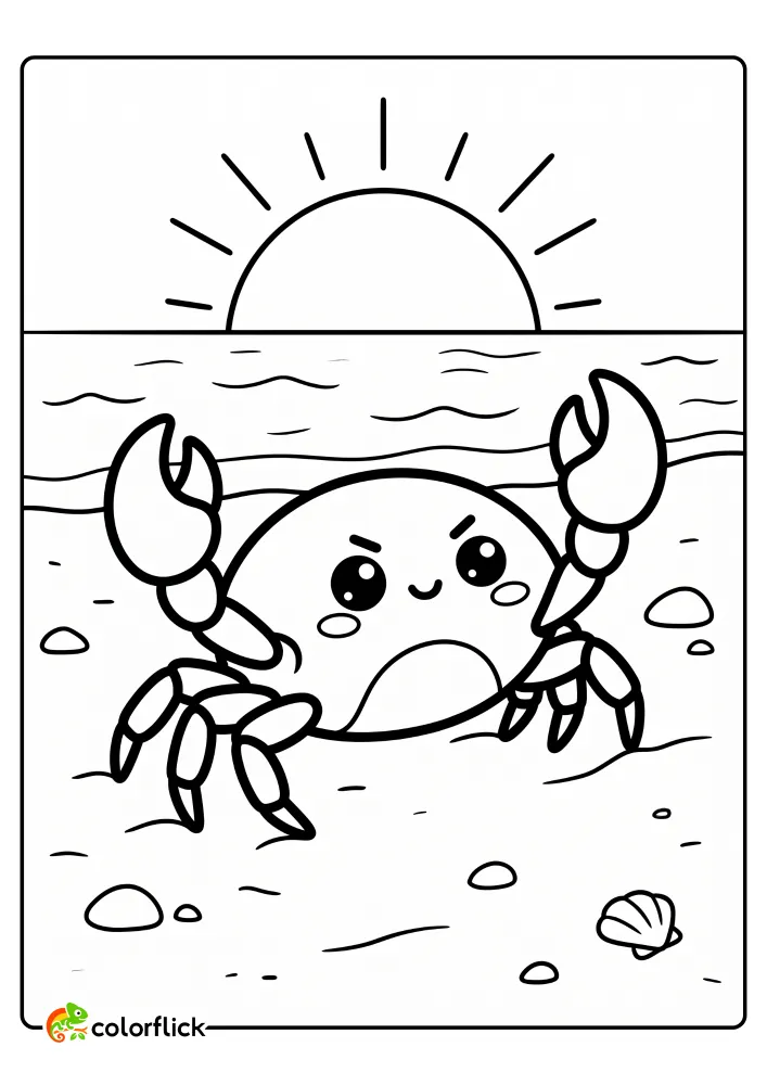 A brave little crab is raising its claws on a sandy beach at sunset, a free printable coloring sheet for kids.