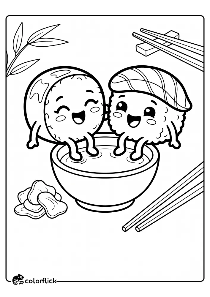 Two smiling cartoon sushi characters dipping their tiny feet into a small bowl of soy sauce with chopsticks and ginger, printable coloring page for kids.