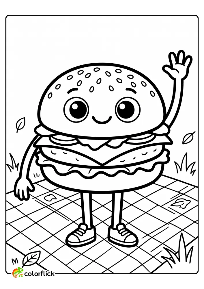 A cute, smiling cartoon hamburger character wearing sneakers and waving hello on a picnic blanket, a printable coloring page for kids.